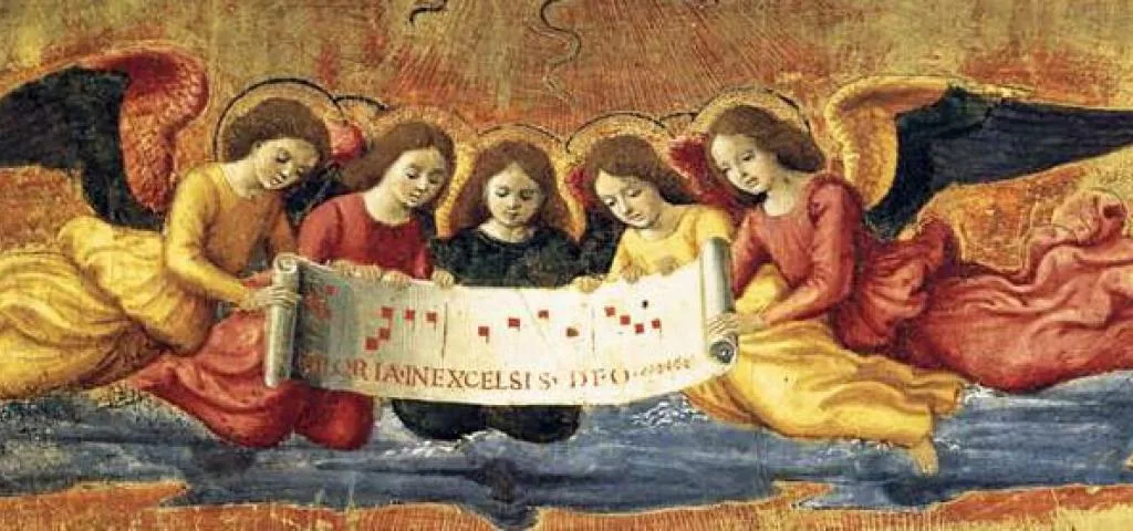 Ángeles cantando en una escena medieval