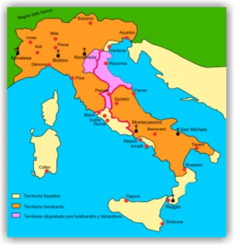 Mapa de Italia lombarda y bizantina