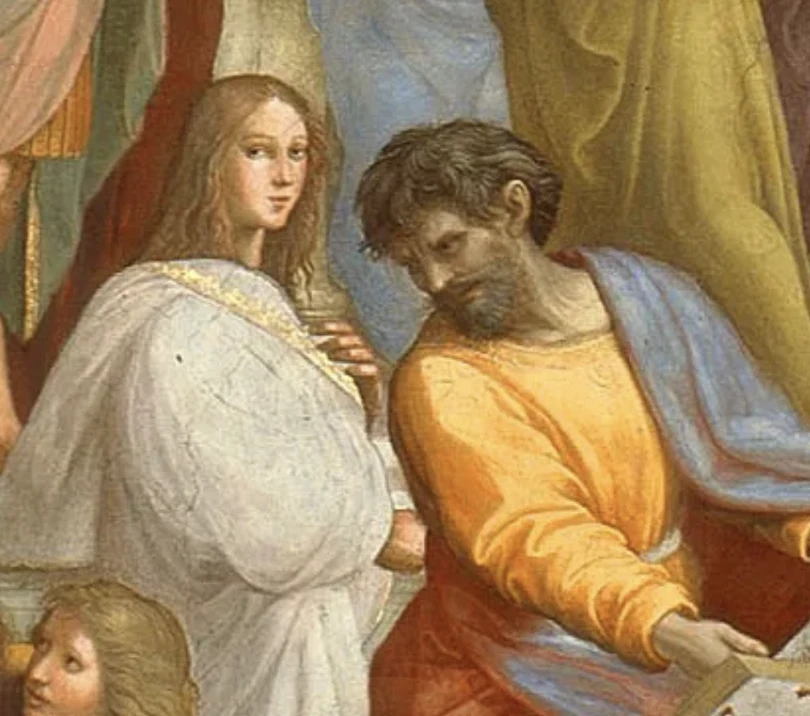 Detalle de Hipatia y Parménides en La escuela de Atenas