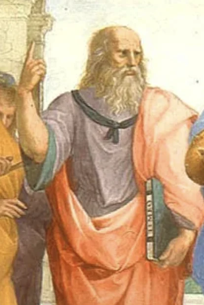 Detalle de Leonardo da Vinci como Platón en La escuela de Atenas