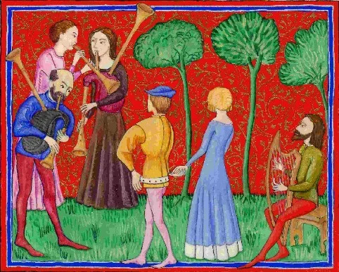 Miniatura medieval con músicos y figuras cortesanas