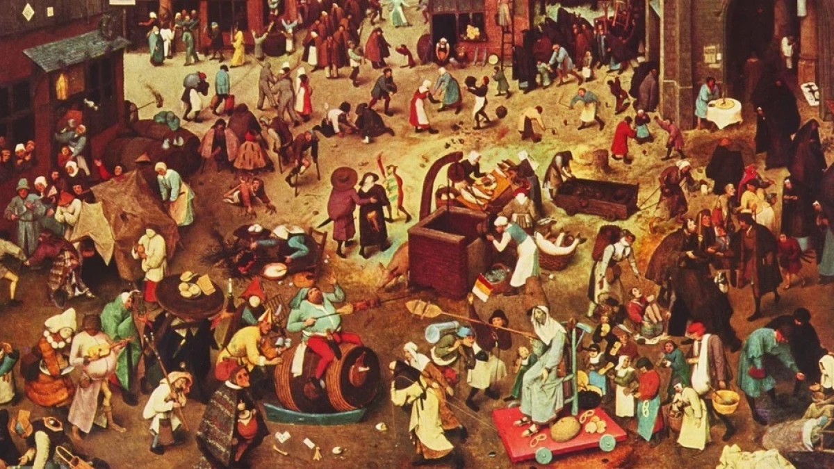 Escena medieval con figuras en una plaza