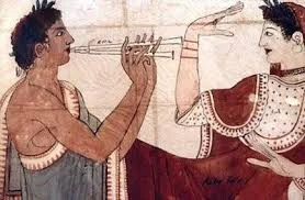 Pintura antigua con intérpretes de instrumentos de viento