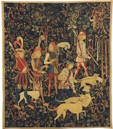 Tapiz medieval con una escena de caza