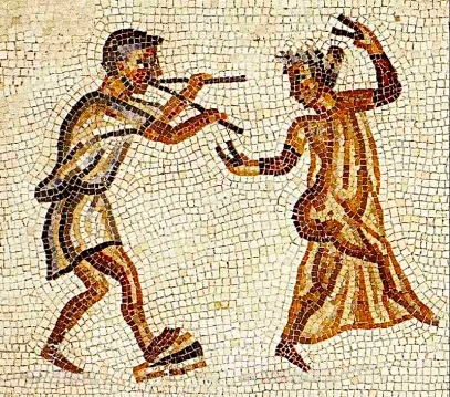Mosaico con un músico tocando la tibia junto a una figura danzante