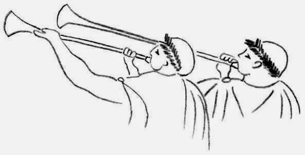 Dibujo de dos músicos de la Antigüedad tocando largas trompetas