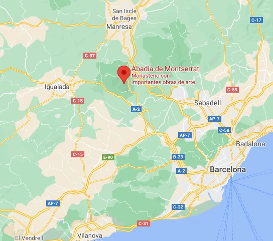 Mapa de la ubicación de la abadía de Montserrat cerca de Barcelona
